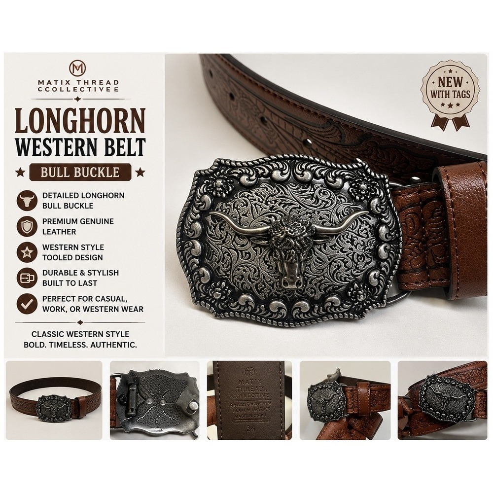 Matix Thread Collective Western Belt Mens 34 Brown Longhorn Bull Buckle‎
